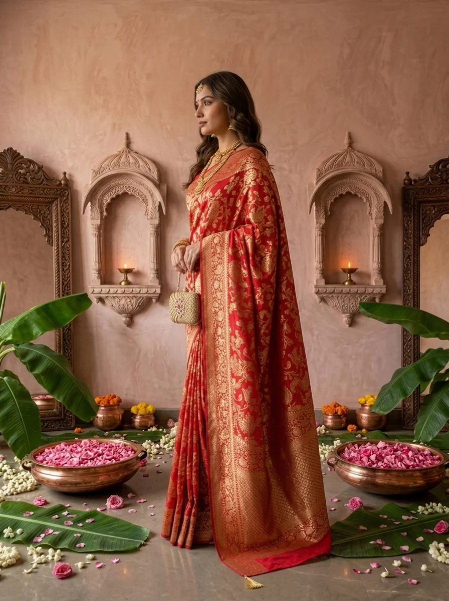 Rani Pink Banaras Weaved Saree With Floral Design - Image 3