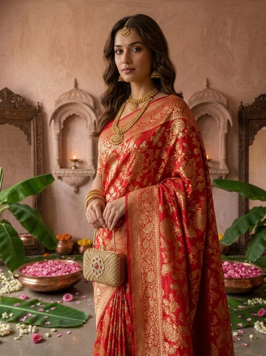Rani Pink Banaras Weaved Saree With Floral Design - Image 4