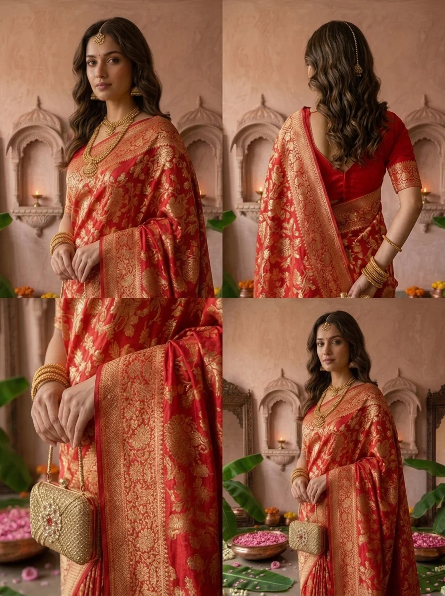 Rani Pink Banaras Weaved Saree With Floral Design - Image 5