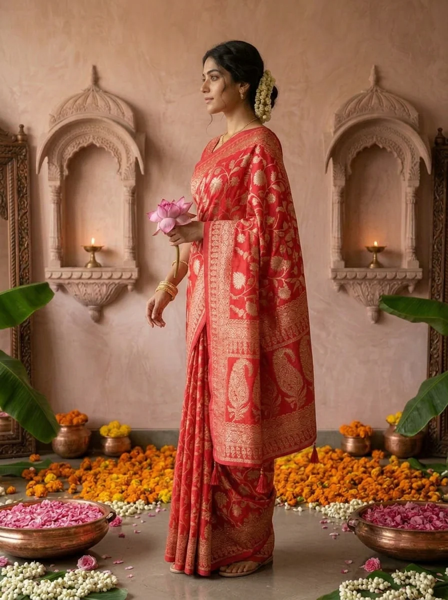 Rani Pink Banaras Weaved Saree With Floral Design - Image 2