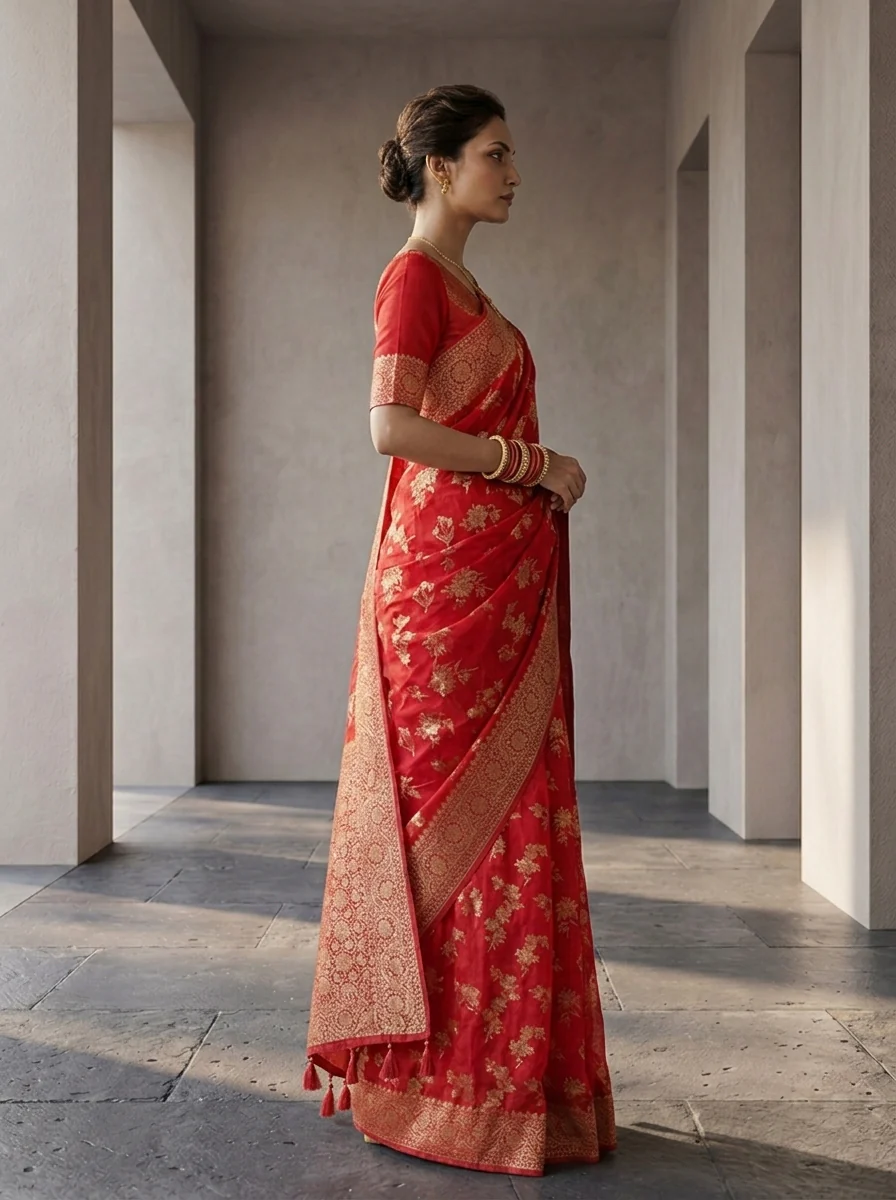 Rani Pink Banaras Weaved Saree With Floral Design - Image 2