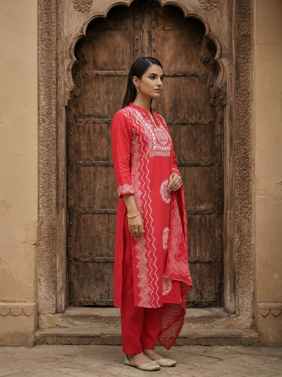 Rani Pink Cotton Chevron And Floral Printed Three Piece Set - Image 3