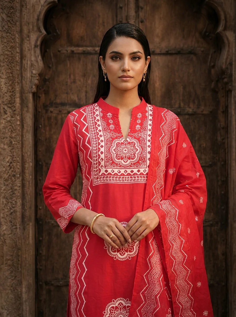 Rani Pink Cotton Chevron And Floral Printed Three Piece Set - Image 4