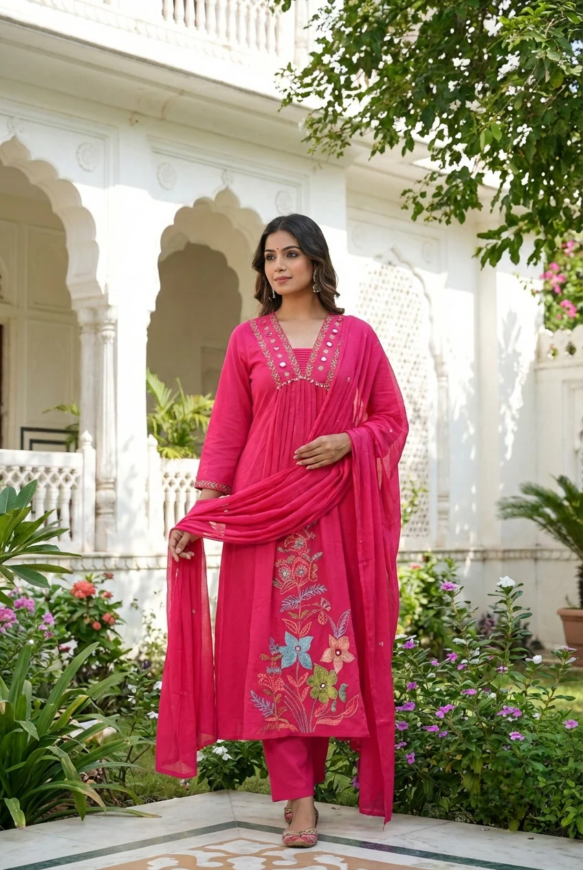 Rani Pink Cotton Floral Embroidery Three Piece Set