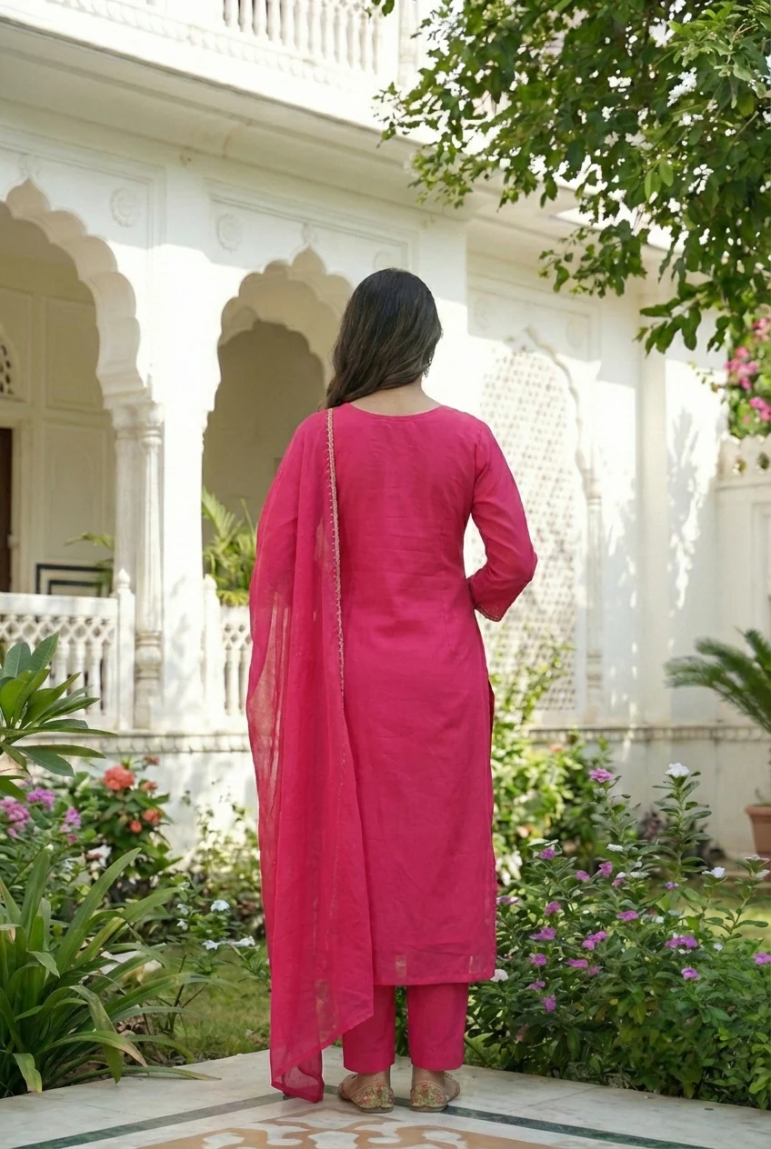 Rani Pink Cotton Floral Embroidery Three Piece Set - Image 3