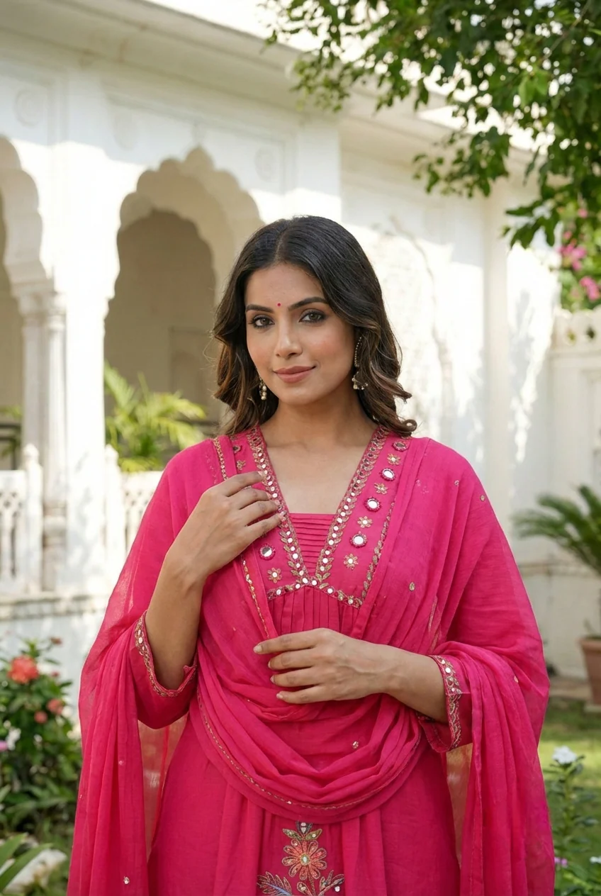 Rani Pink Cotton Floral Embroidery Three Piece Set - Image 4