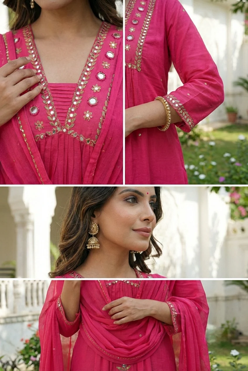 Rani Pink Cotton Floral Embroidery Three Piece Set - Image 6