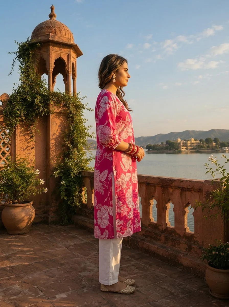 Rani Pink Cotton Hibiscus And Leaf Motifs Printed Kurta - Image 3