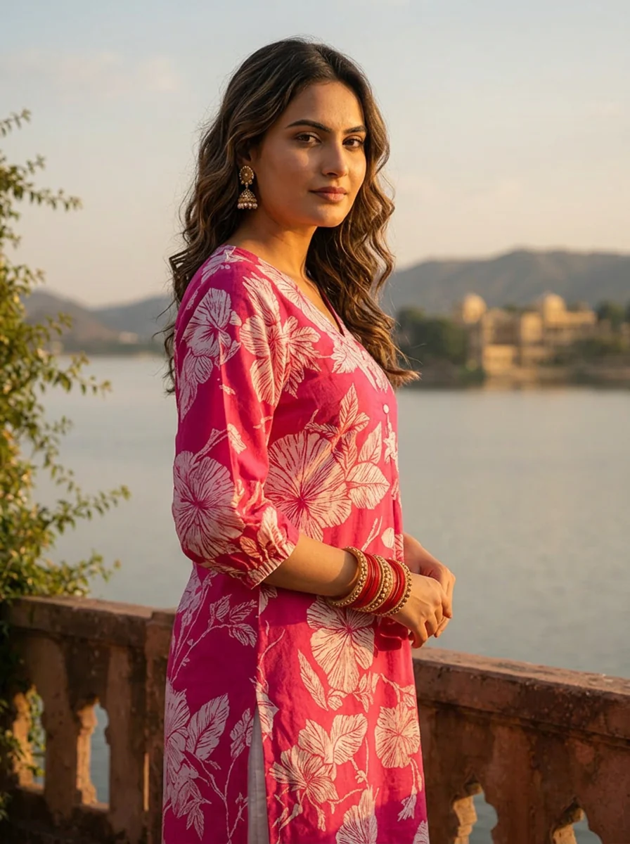 Rani Pink Cotton Hibiscus And Leaf Motifs Printed Kurta - Image 4