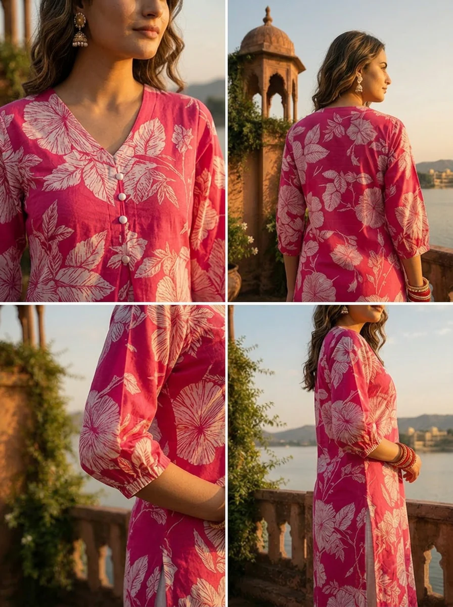 Rani Pink Cotton Hibiscus And Leaf Motifs Printed Kurta - Image 5