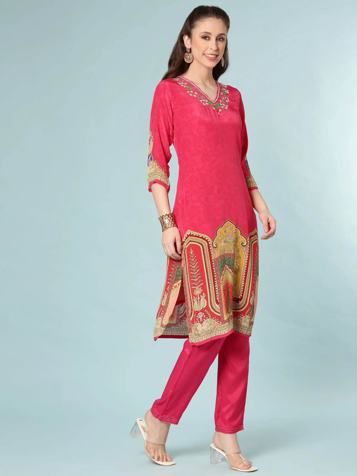 Rani Pink Crepe Digital Print Three Piece Set - Image 2