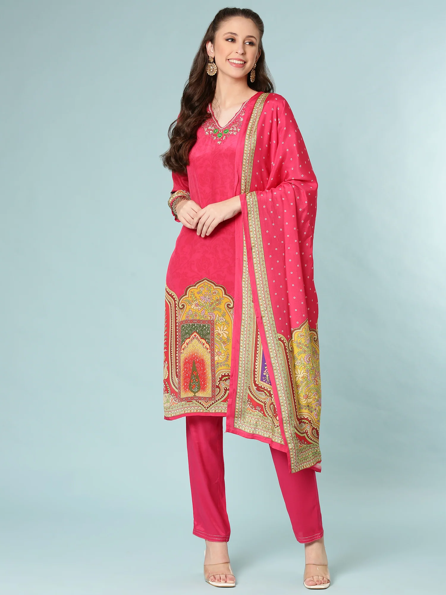Rani Pink Crepe Digital Print Three Piece Set - Image 5