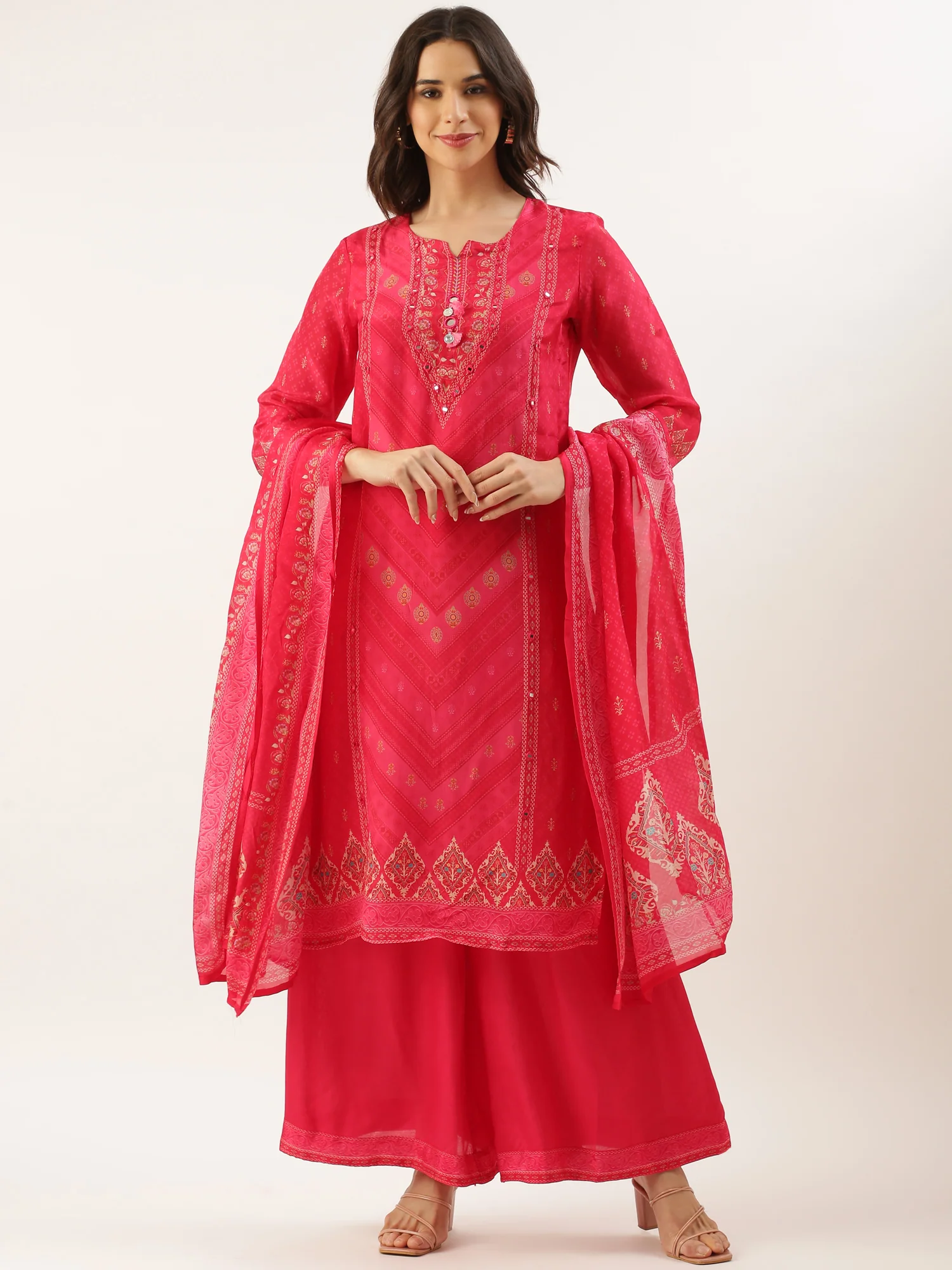 Rani Pink Crepe Printed Three Piece Suit Set