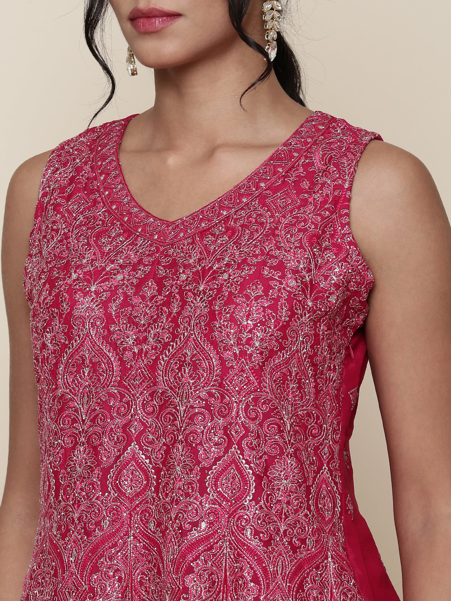 Rani pink embroidered short anarkali and palazzo three piece set - Image 5