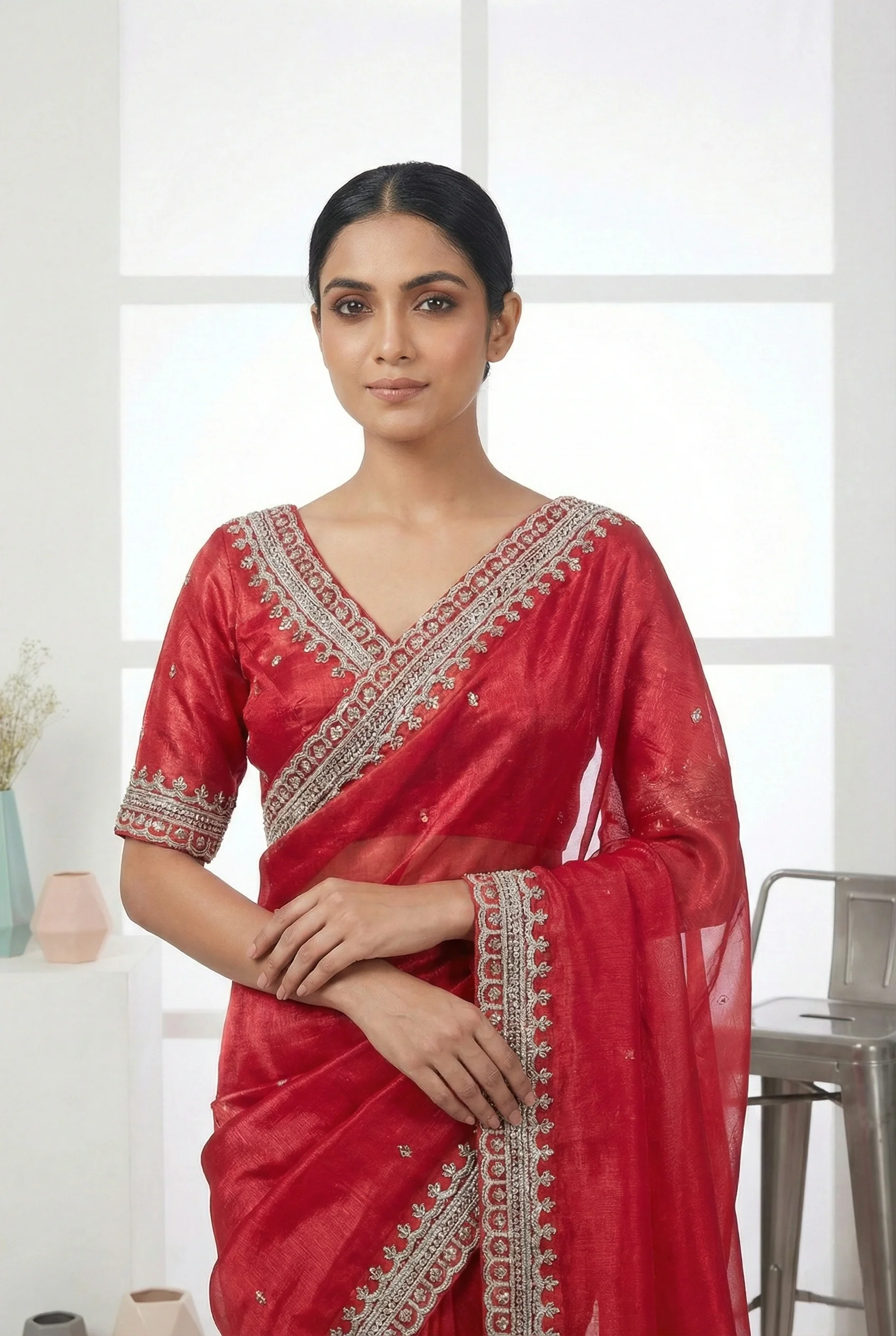 Rani Pink Jimmy Choo Beads Embroidered Organza Saree - Image 3