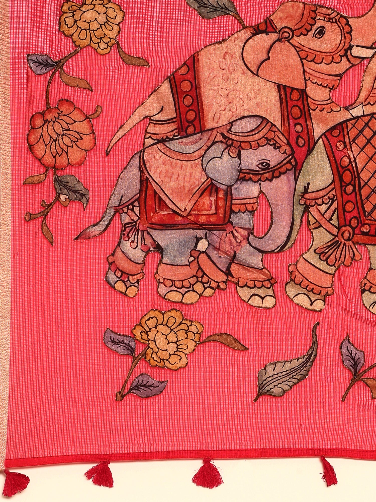 Rani Pink Kota Saree With Kalamkari Appliqué Work On Pallu - Image 5