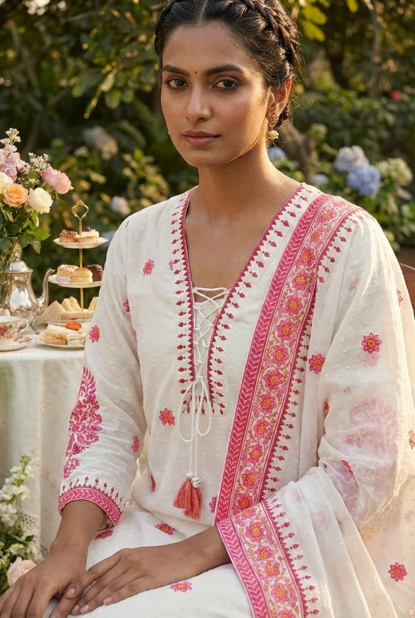 Rani Pink Linen Printed Three Piece Set - Image 4
