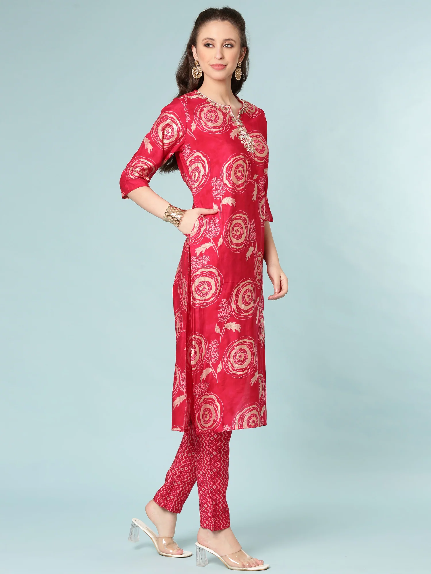 Rani Pink Modal Silk Digital Print Three Piece Set - Image 2