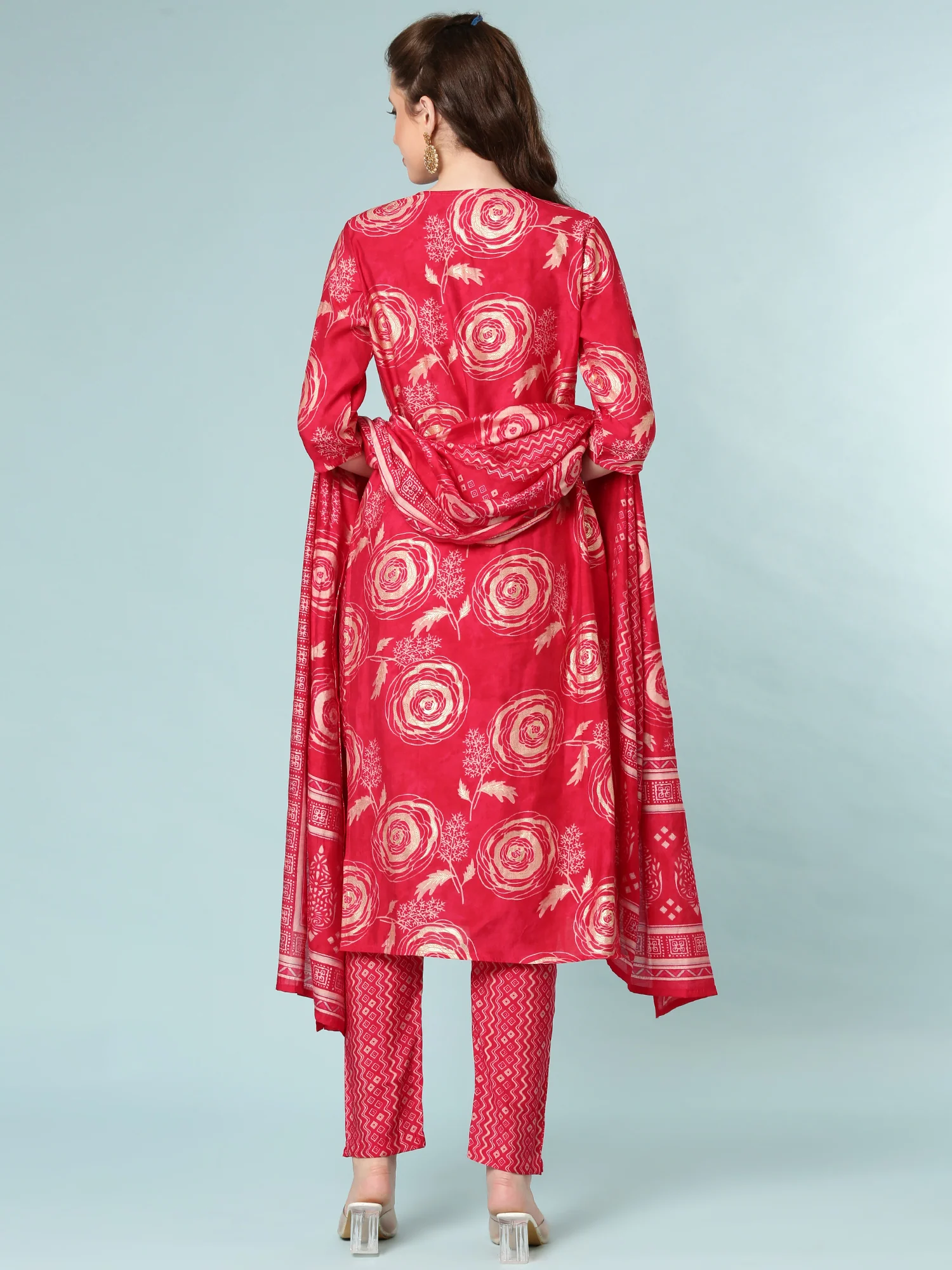 Rani Pink Modal Silk Digital Print Three Piece Set - Image 3