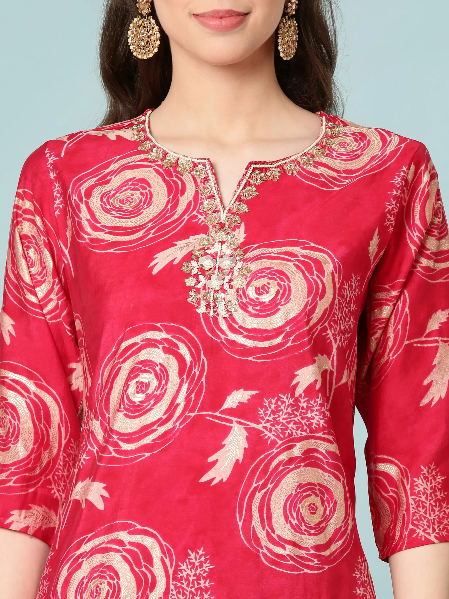 Rani Pink Modal Silk Digital Print Three Piece Set - Image 4