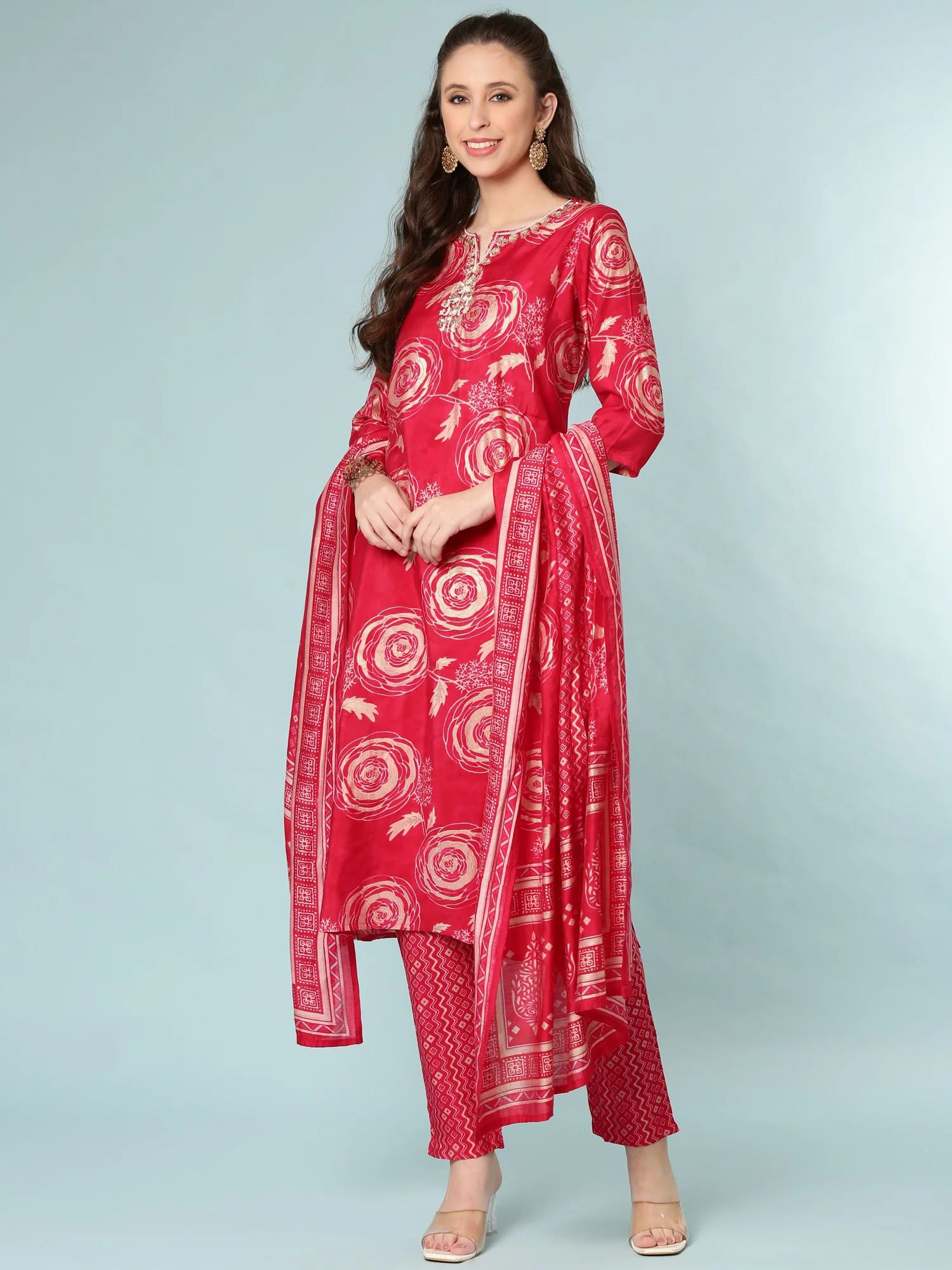 Rani Pink Modal Silk Digital Print Three Piece Set - Image 5