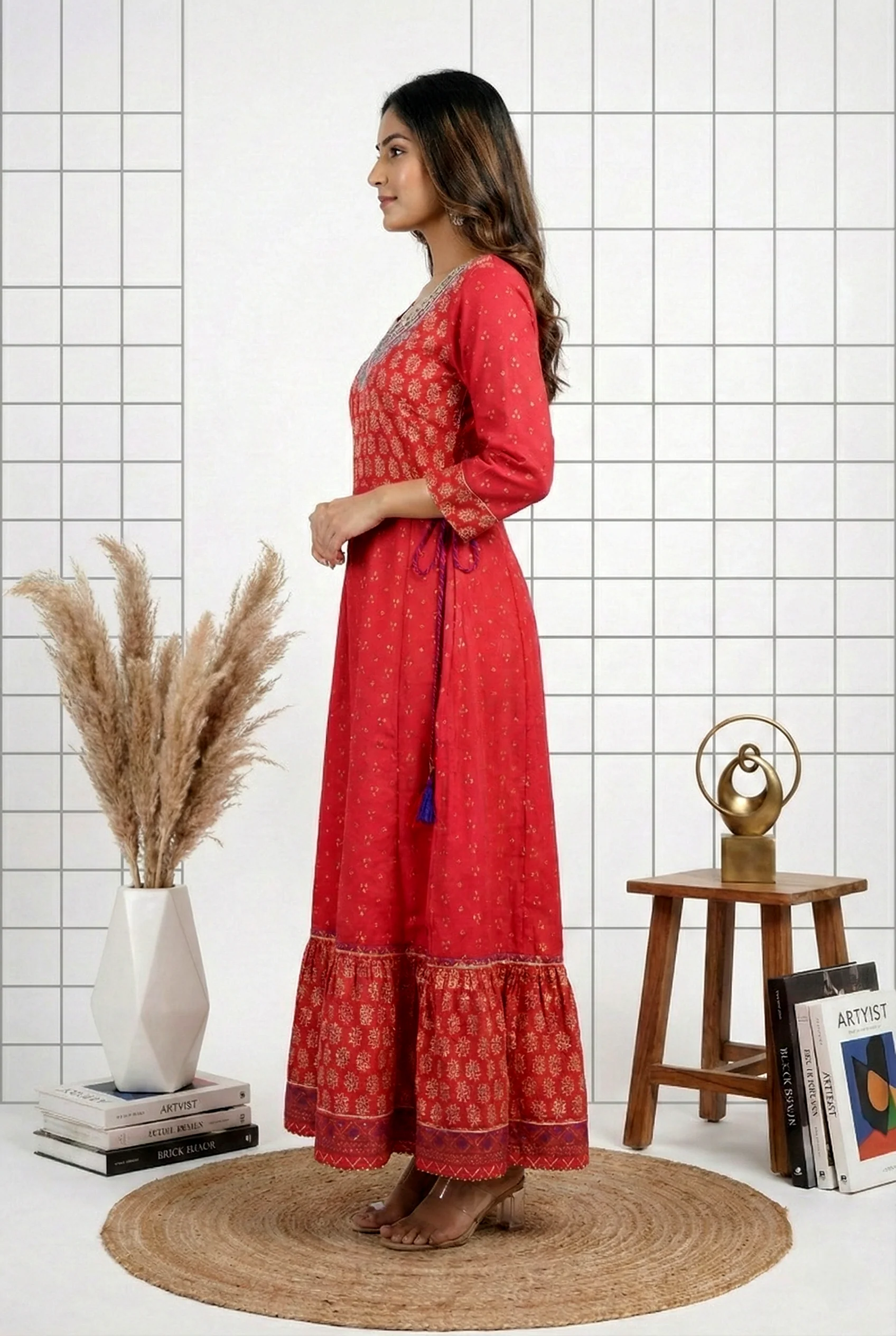Rani Pink Muslin Beads And Floral Embroidery Dress - Image 2