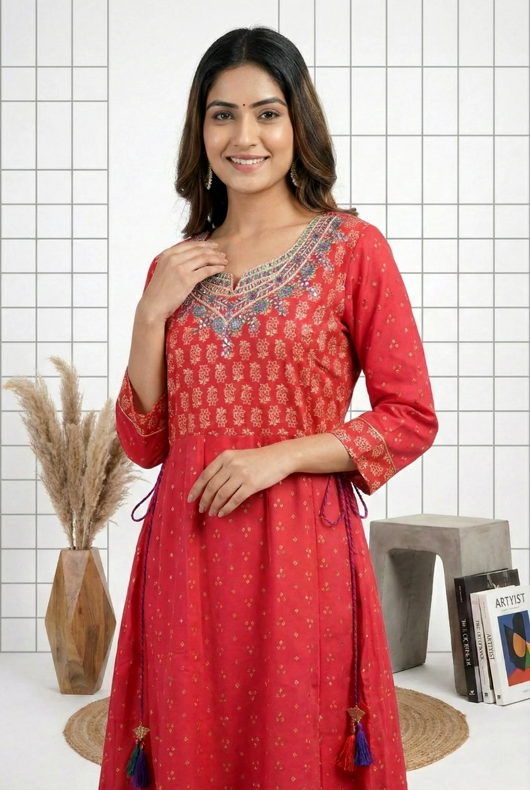 Rani Pink Muslin Beads And Floral Embroidery Dress - Image 3