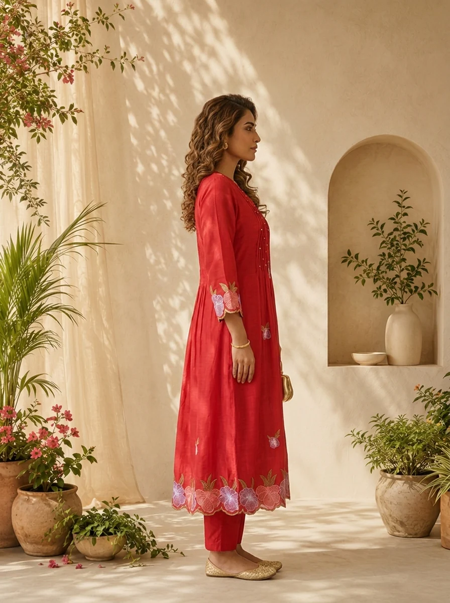 Rani Pink Muslin Pleated And Floral Thread Embroidery Three Piece Set - Image 3