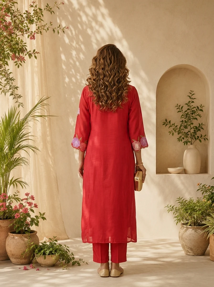 Rani Pink Muslin Pleated And Floral Thread Embroidery Three Piece Set - Image 4