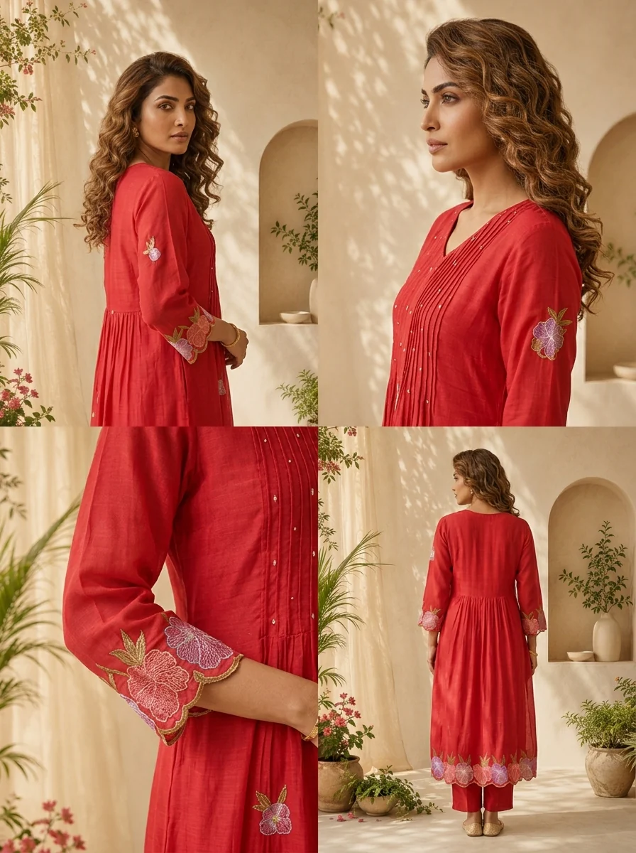 Rani Pink Muslin Pleated And Floral Thread Embroidery Three Piece Set - Image 5