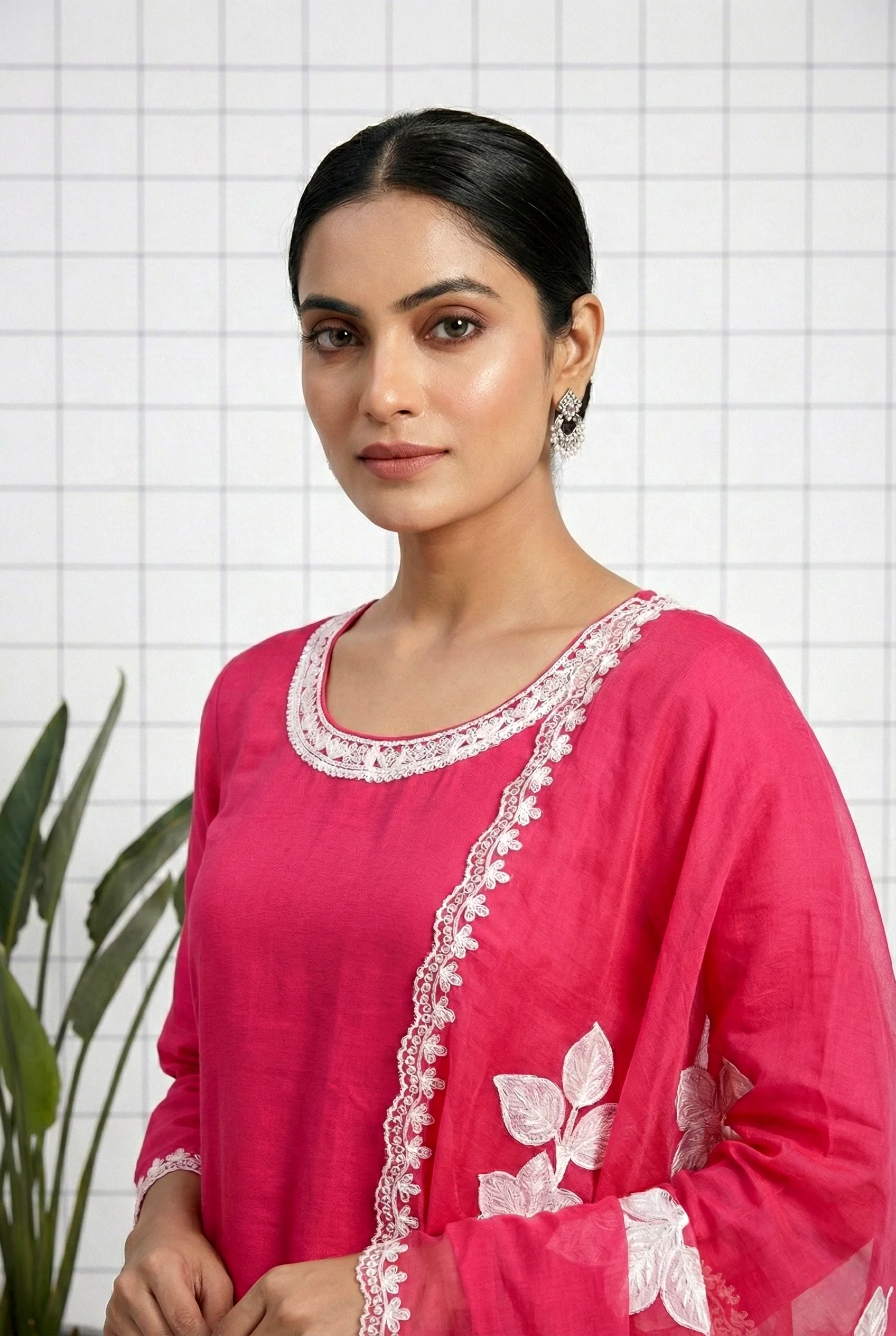 Rani Pink Organza Floral Printed Three Piece Set - Image 2