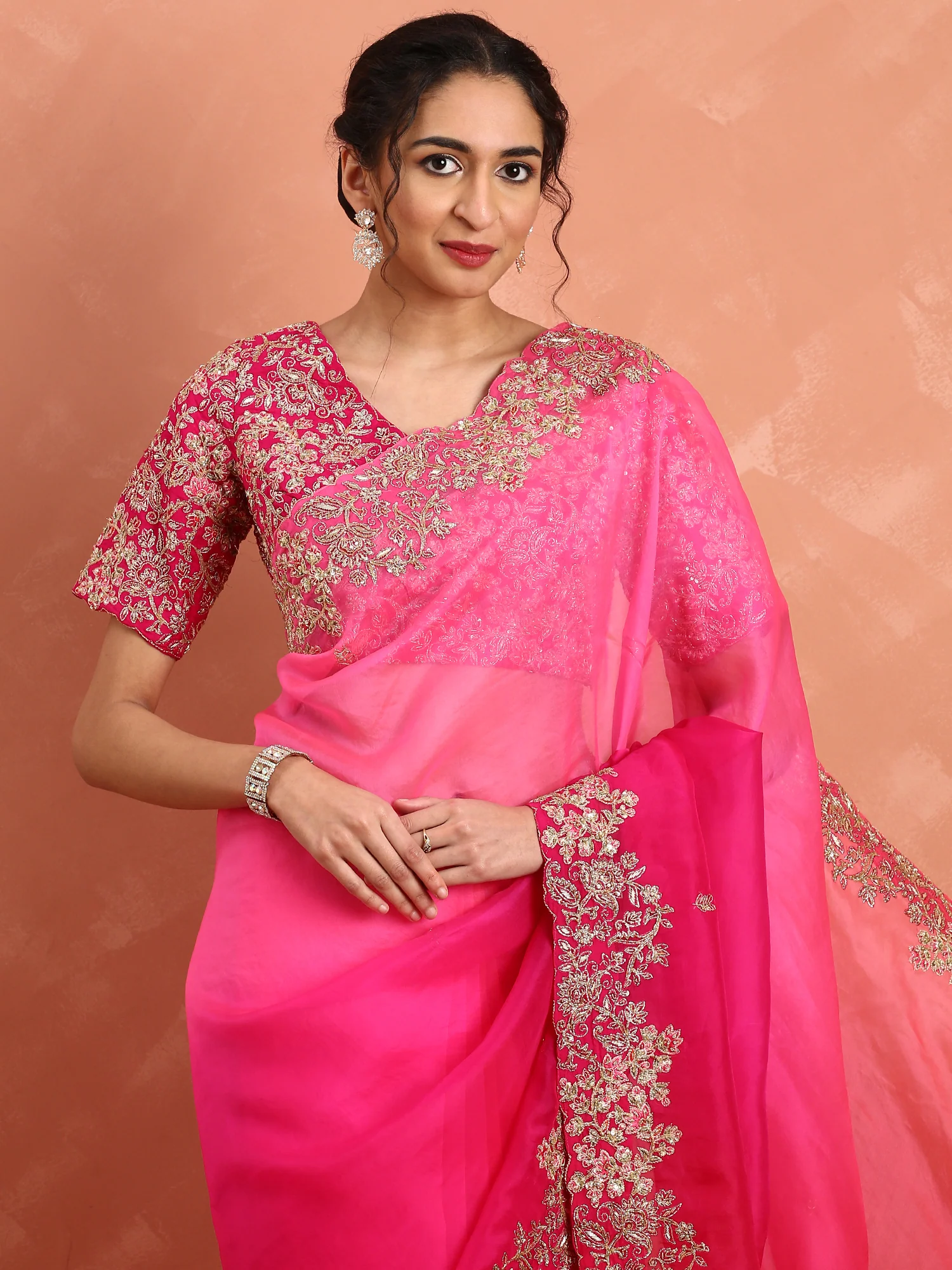 Rani pink pure organza saree with heavy blouse with pearl and cut dana embroidery - Image 3