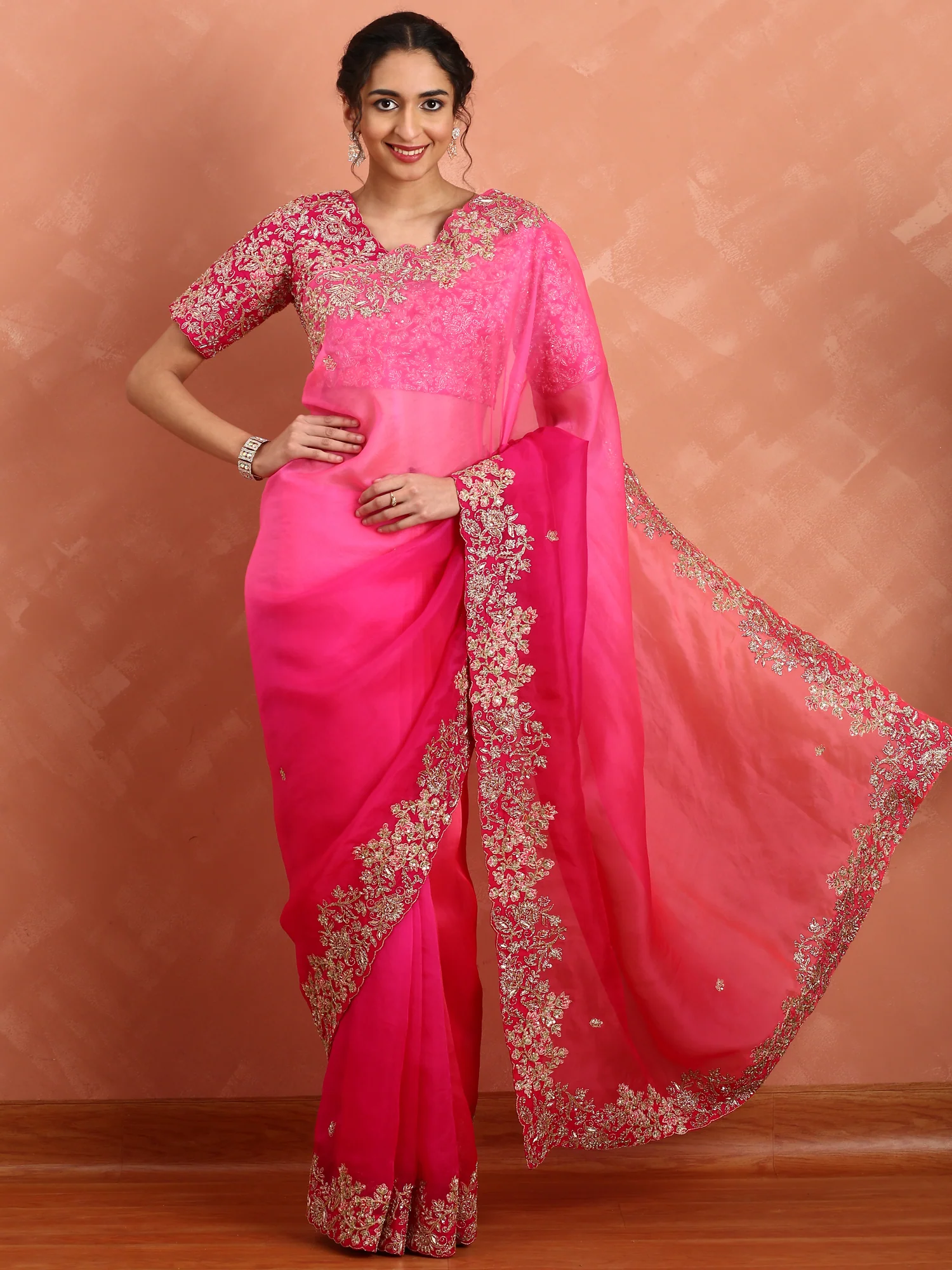 Rani pink pure organza saree with heavy blouse with pearl and cut dana embroidery - Image 4