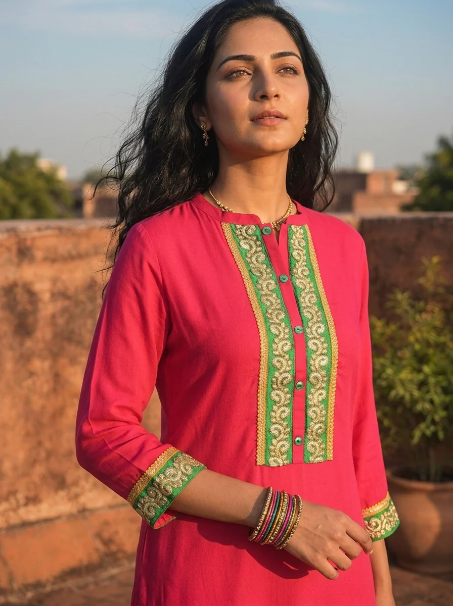 Rani Pink Rayon Gold Placket Embroidered Kurta - Image 4