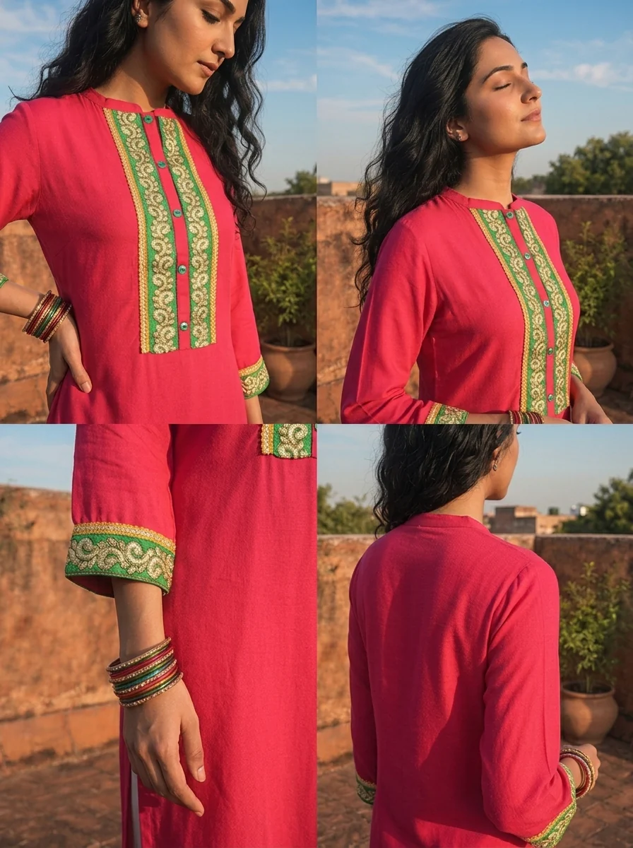 Rani Pink Rayon Gold Placket Embroidered Kurta - Image 5