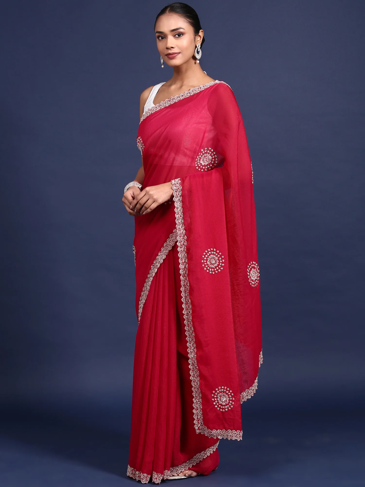 Rani Pink Satin Aari Embroidery Saree - Image 4