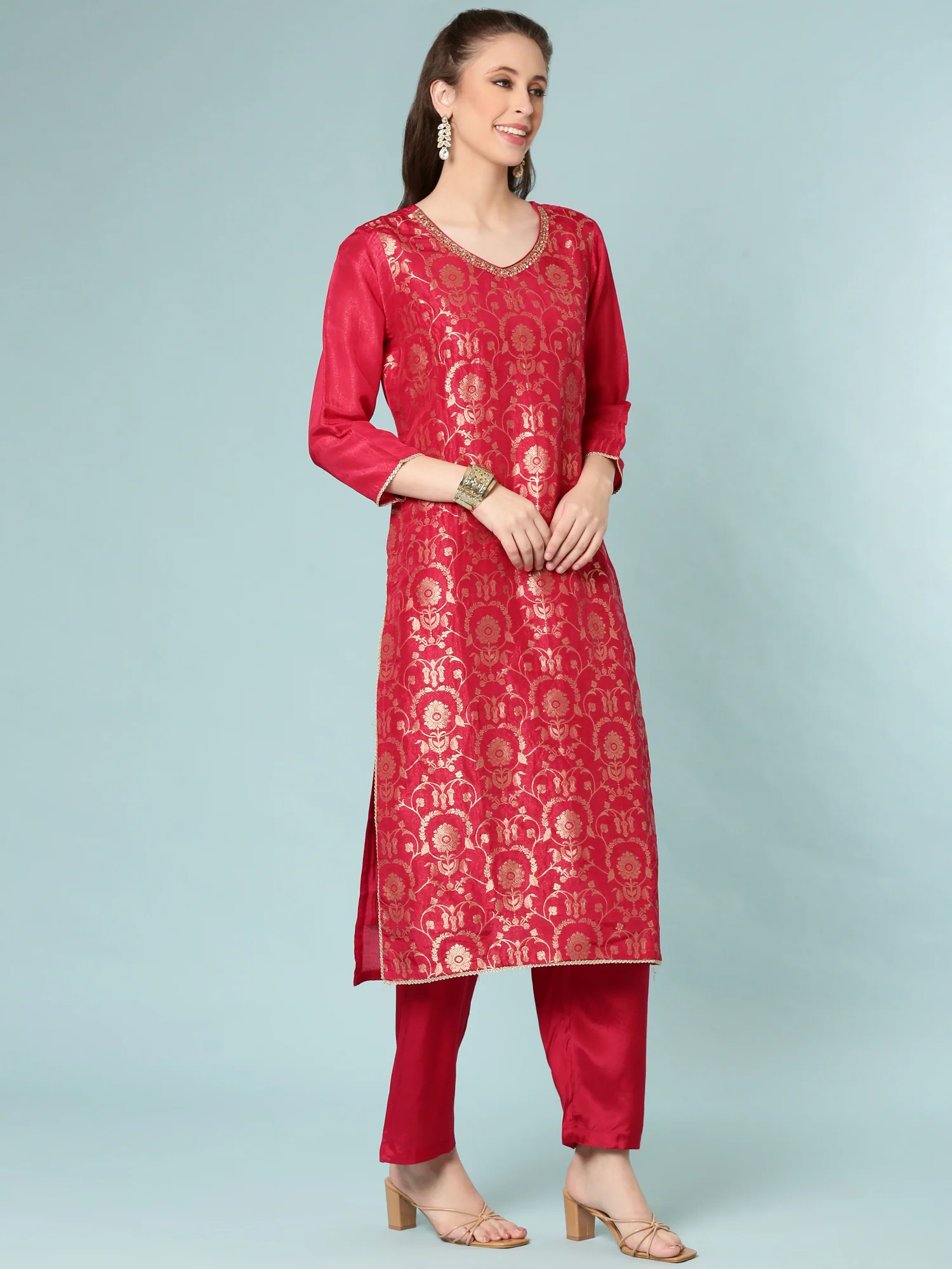 Rani Pink Silk Digital Print Three Piece Set - Image 2