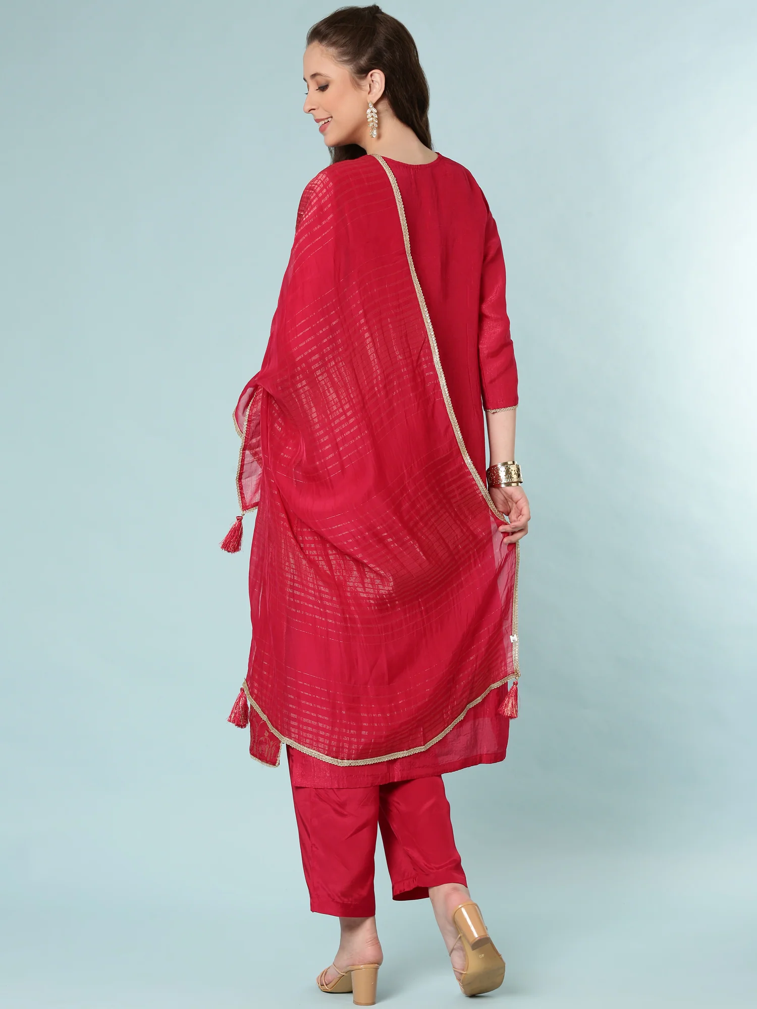 Rani Pink Silk Digital Print Three Piece Set - Image 3