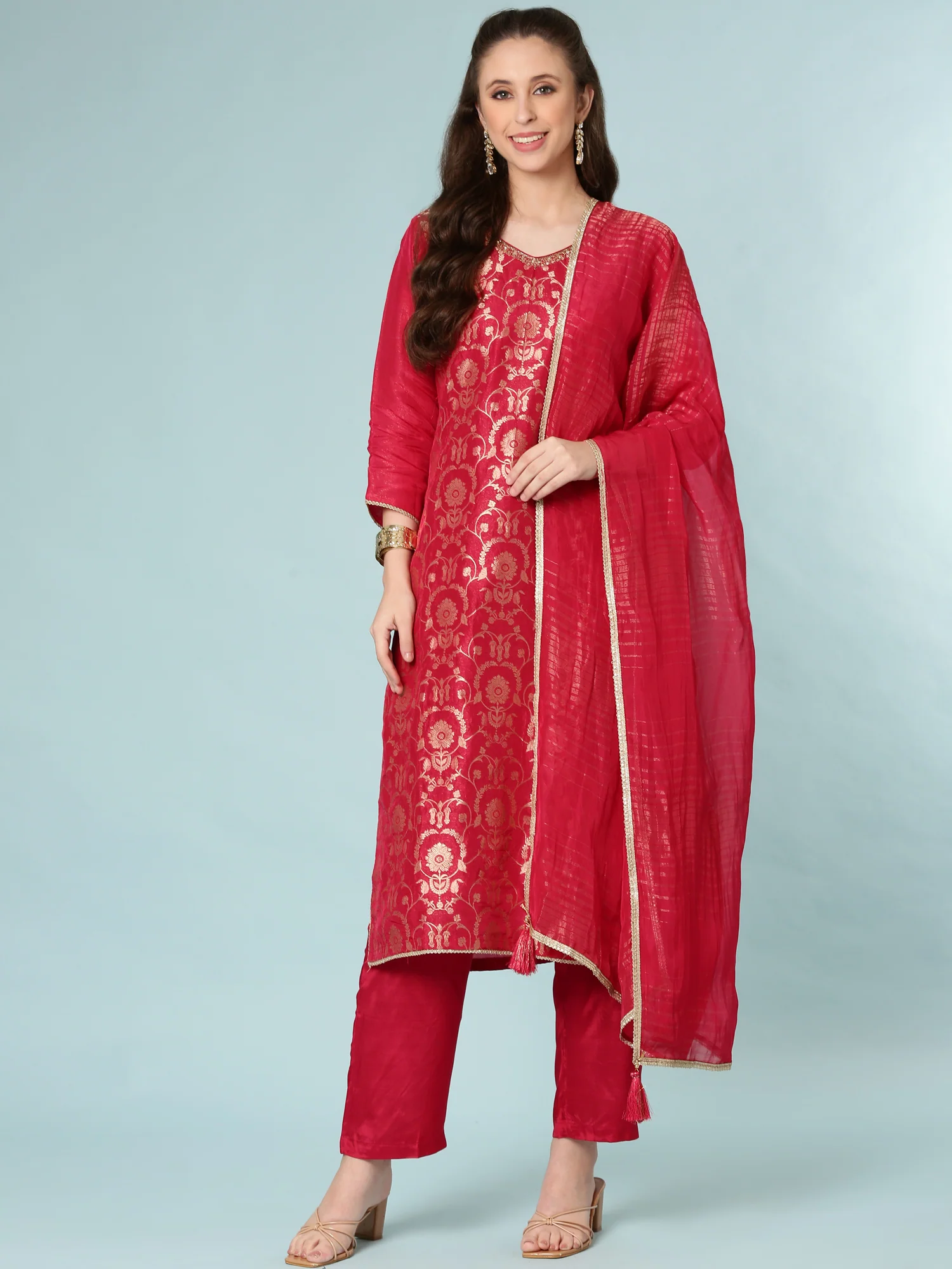 Rani Pink Silk Digital Print Three Piece Set - Image 5