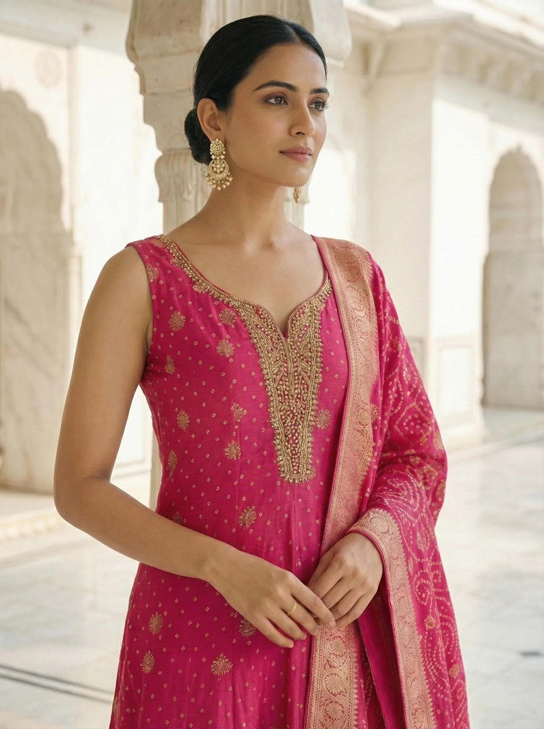 Rani Pink Silk Floral And Zari Embroidery Three Piece Set - Image 2