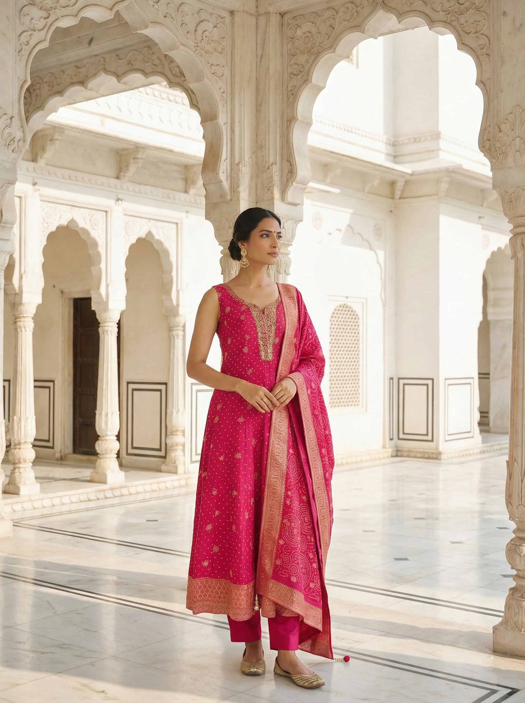 Rani Pink Silk Floral And Zari Embroidery Three Piece Set - Image 3