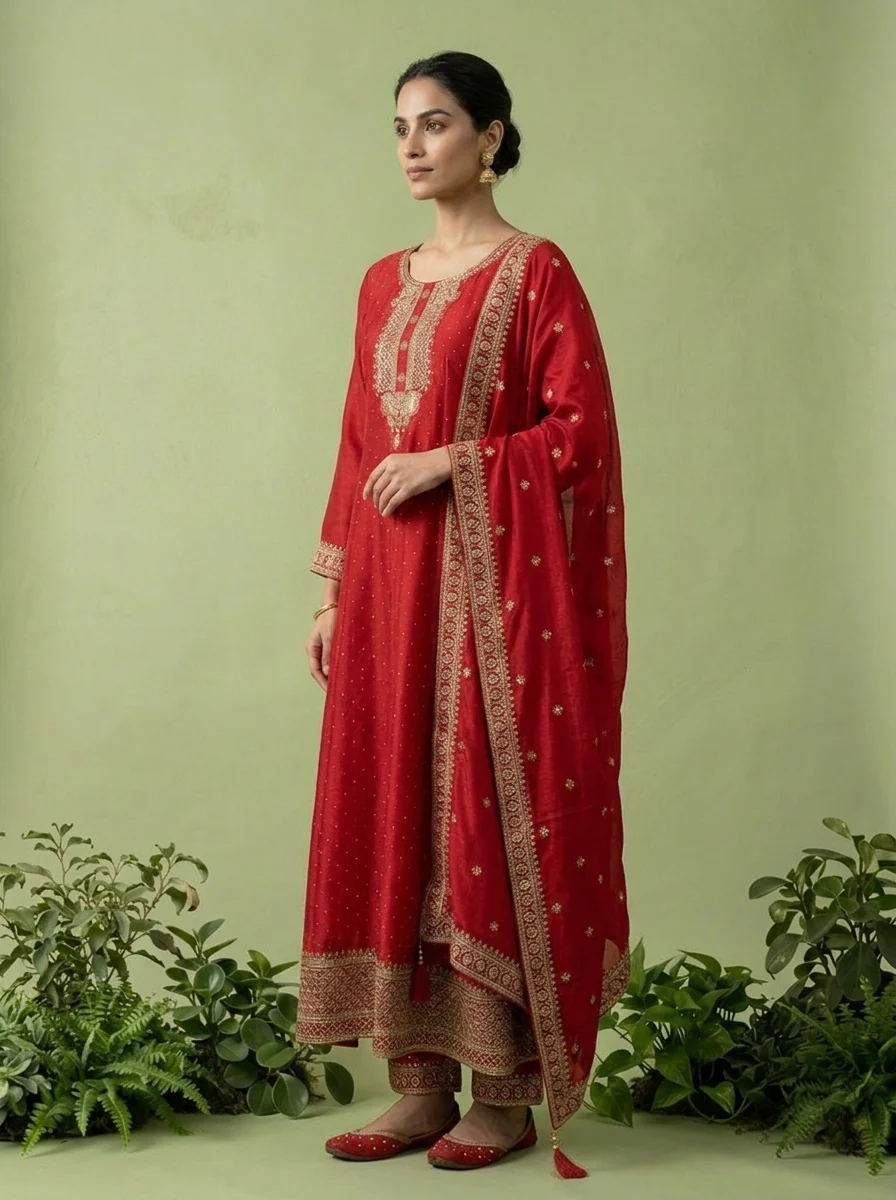 Rani Pink Silk Zari Embroidery Three Piece Set - Image 3