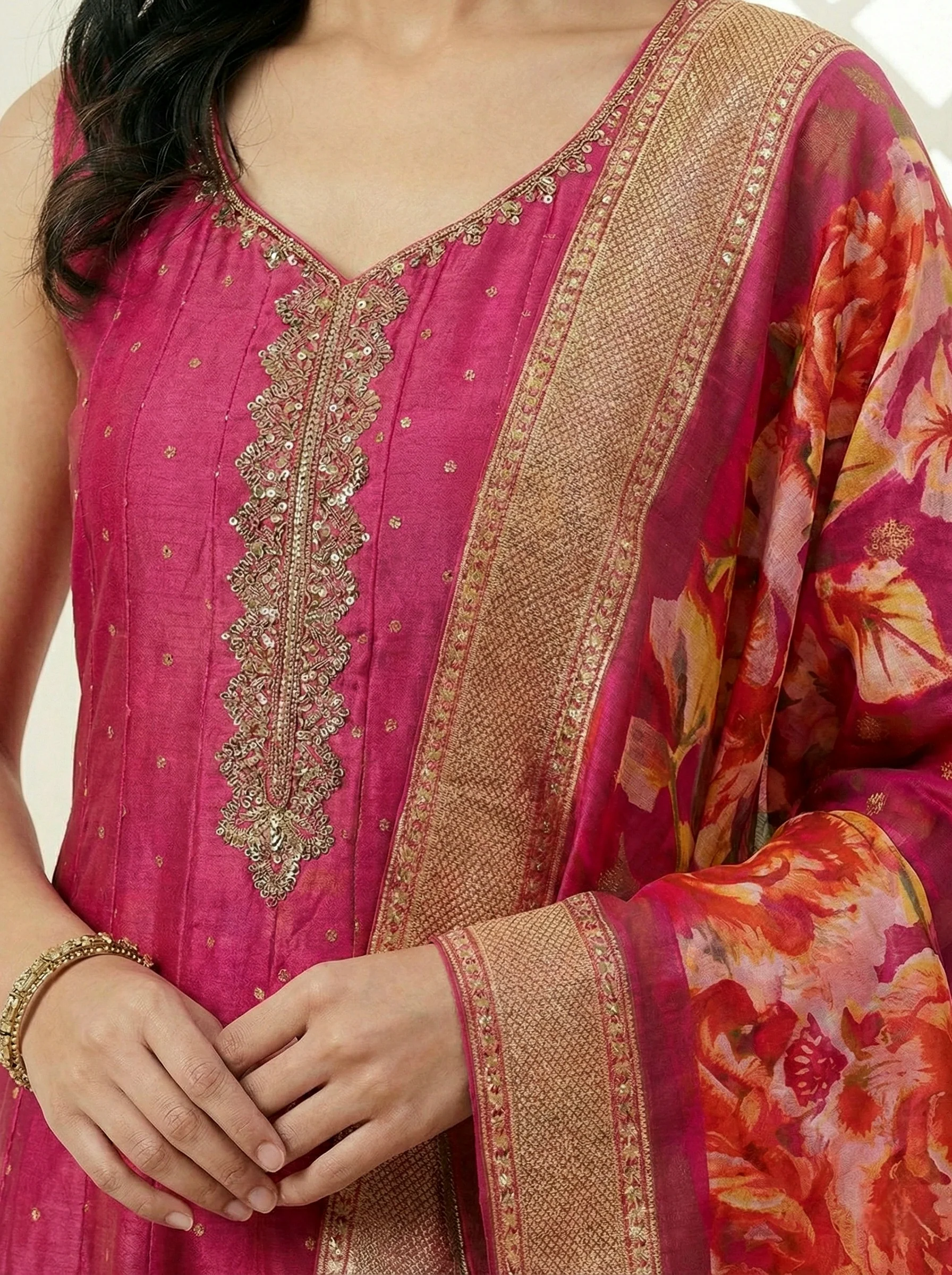 Rani Pink Silk Zari Embroidery Three Piece Set With Digital Printed Dupatta - Image 5