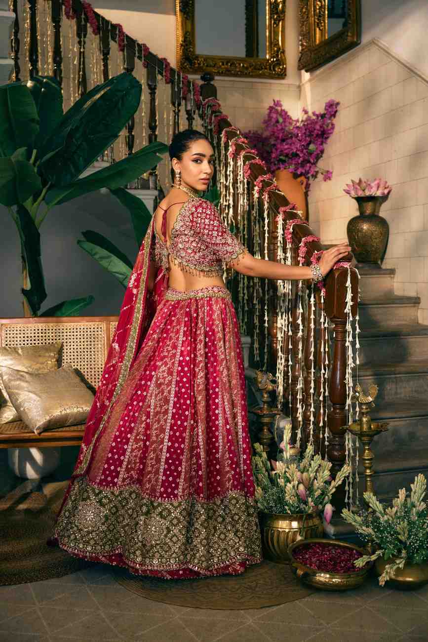 Rani Pink Tissue Banaras Hand Embroidery Ghagra Set - Image 3
