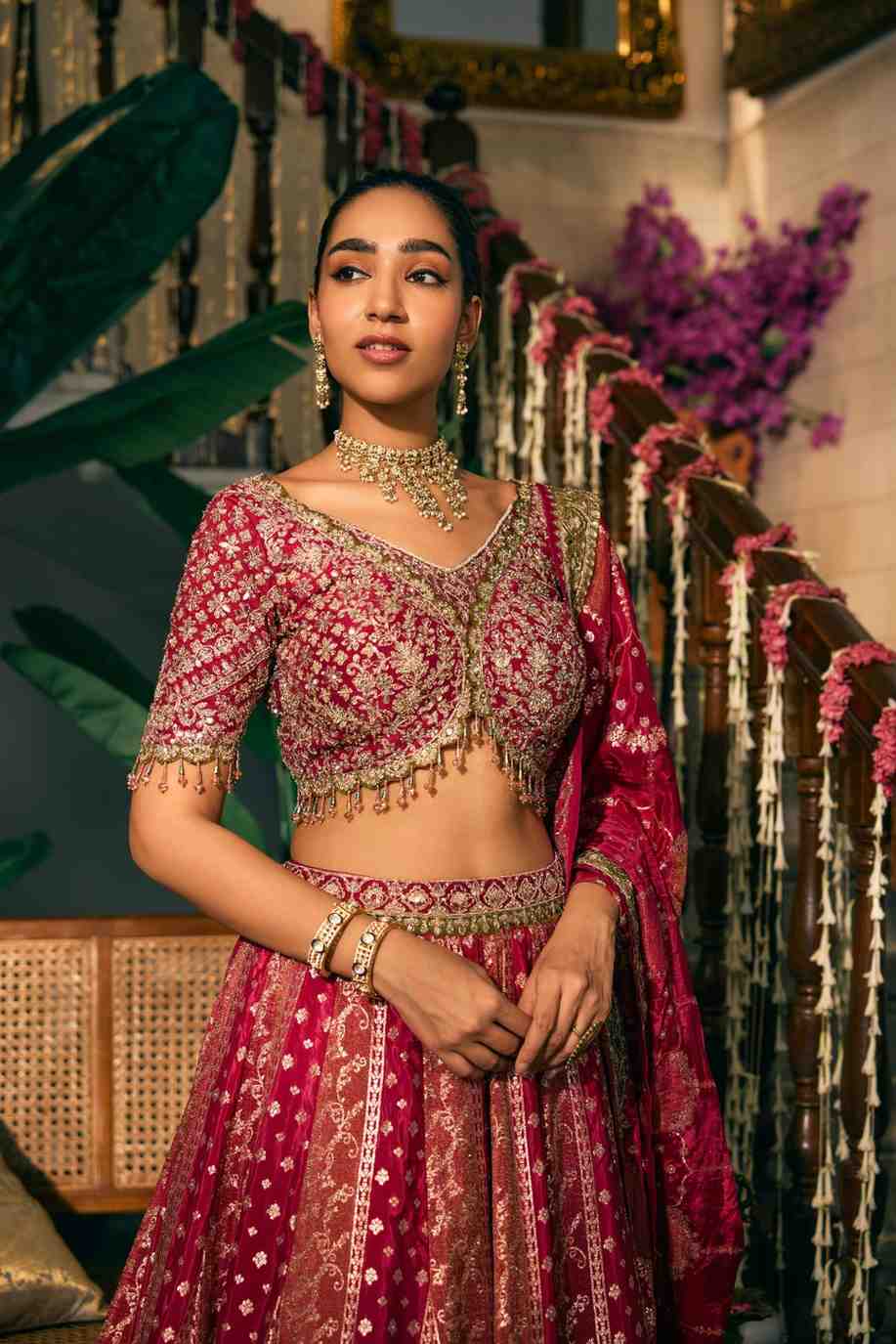 Rani Pink Tissue Banaras Hand Embroidery Ghagra Set - Image 4
