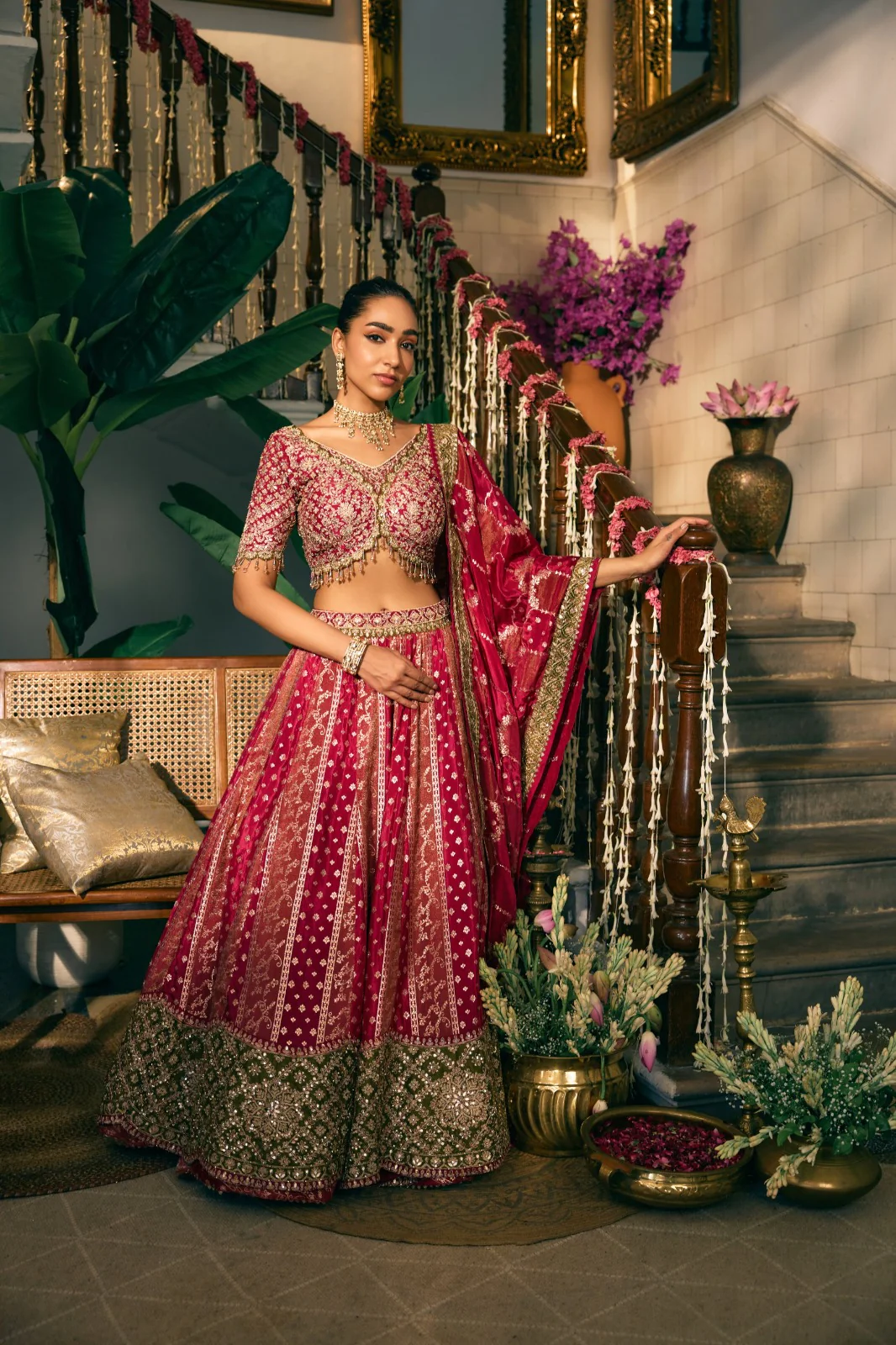 Rani Pink Tissue Banaras Hand Embroidery Ghagra Set - Image 5