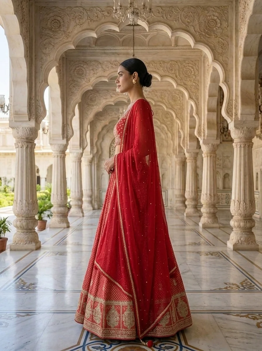 Rani Pink Tissue Bandhani Printed And Zari Embroidered Ghagra Set - Image 3