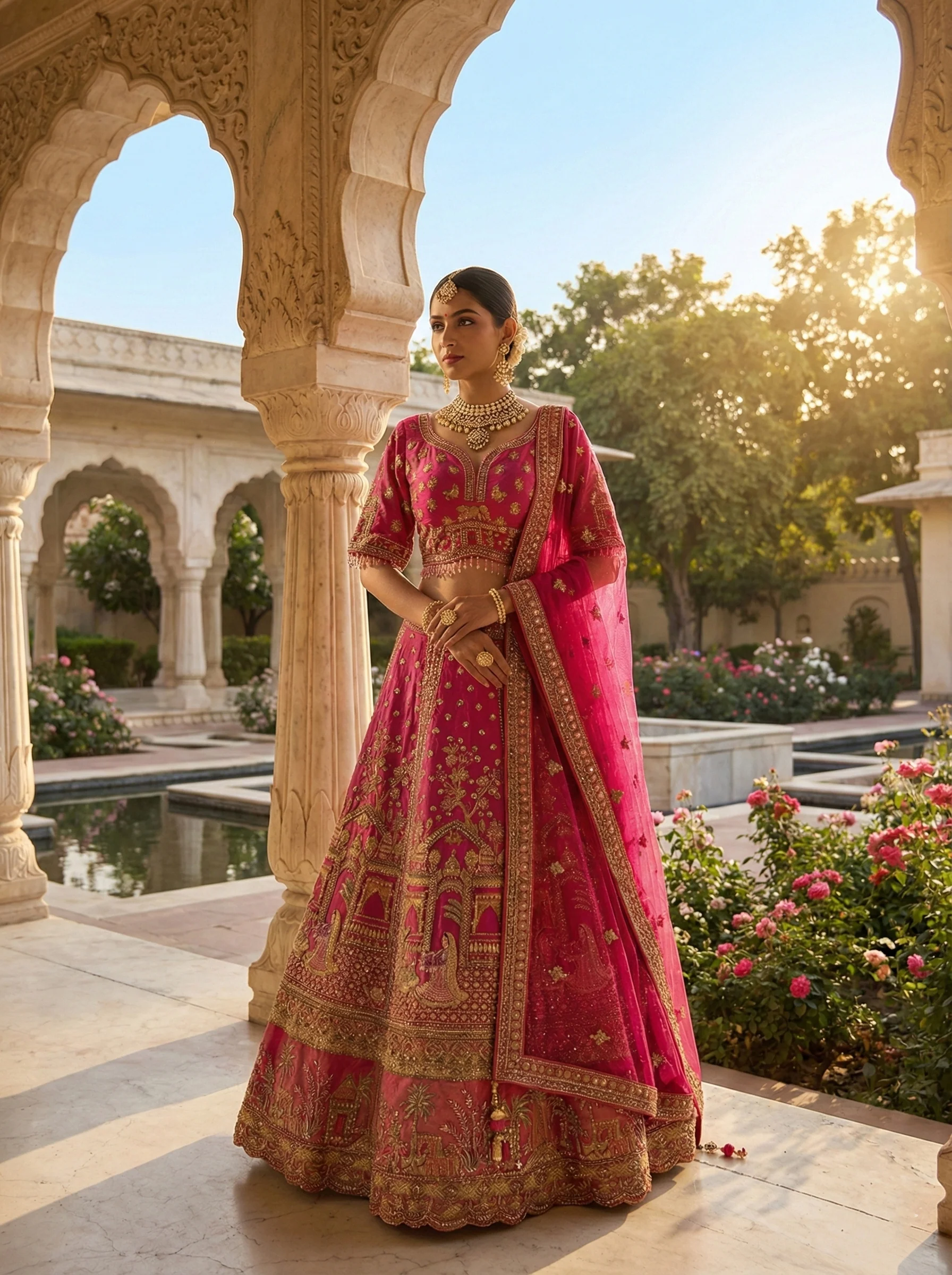 Rani Pink Tissue Ethnic Motif Hand Embroidered Ghagra Set
