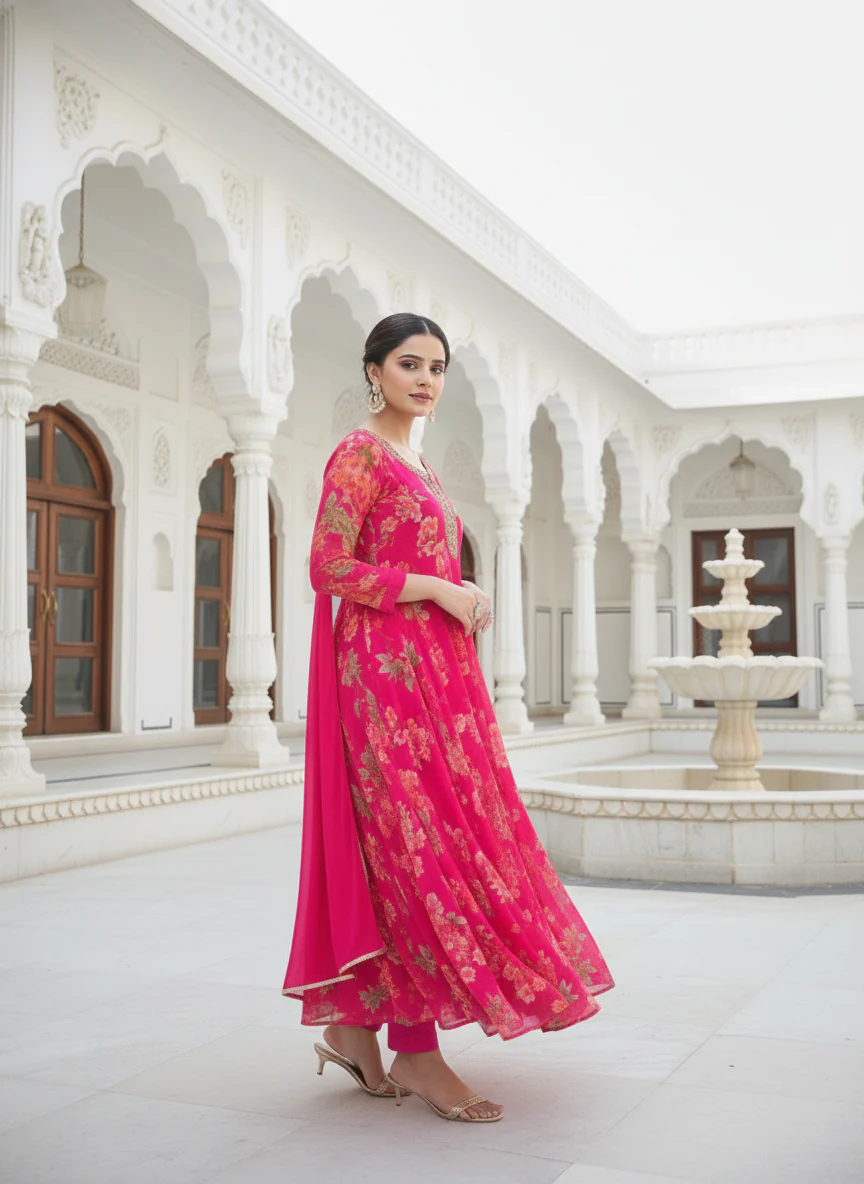 Rani Pink Tissue Floral Digital Printed Three Piece Suit Set - Image 3
