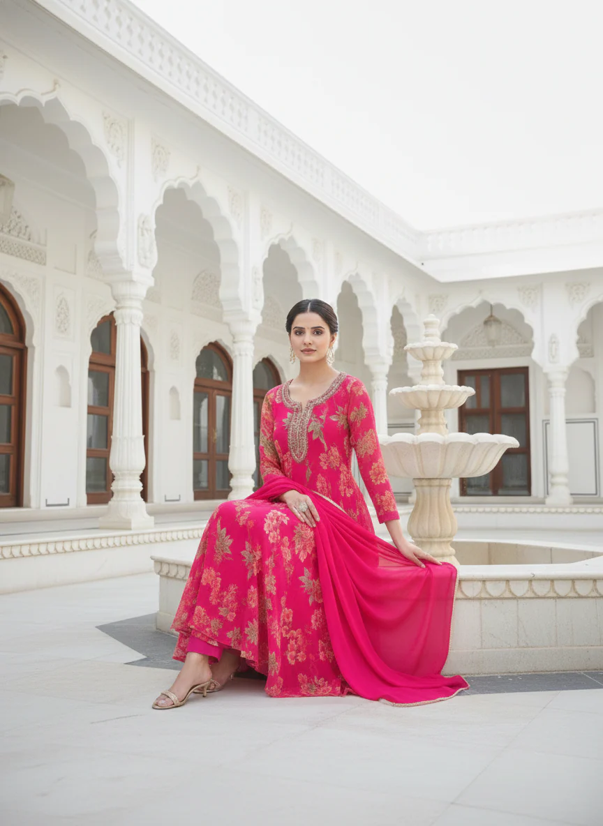Rani Pink Tissue Floral Digital Printed Three Piece Suit Set - Image 4